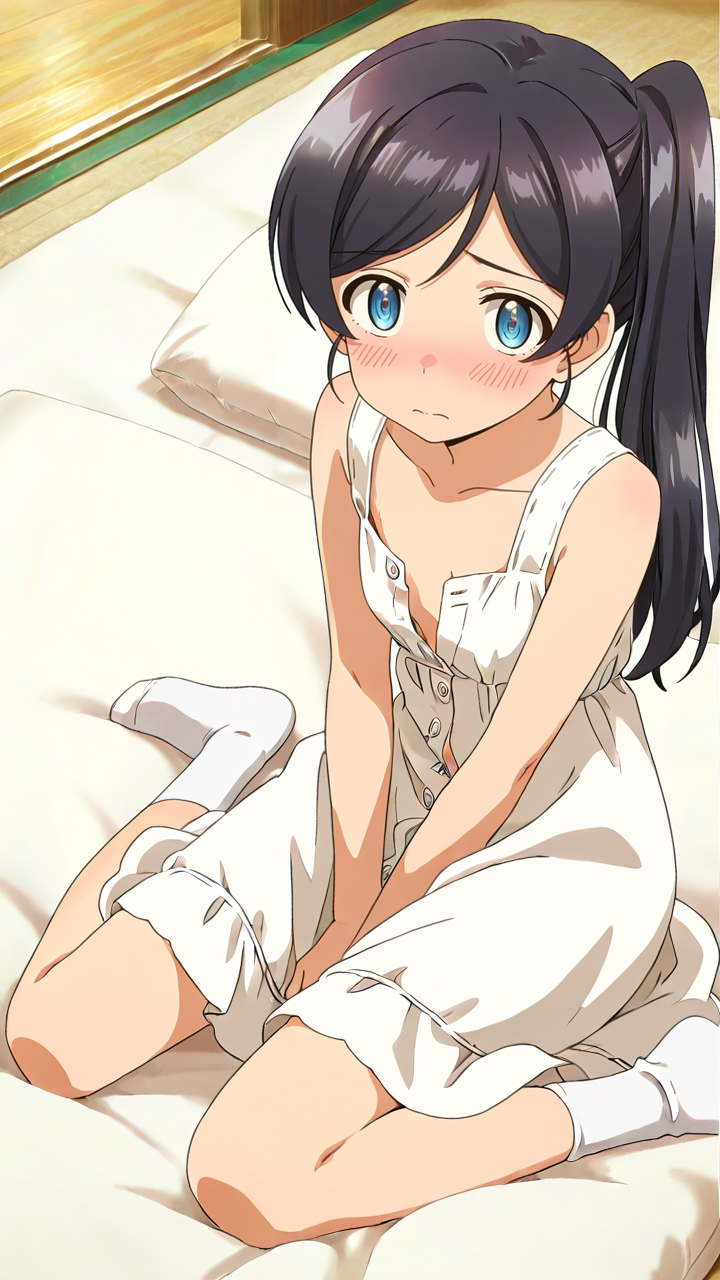 anime screenshot,1girl,blush,full_shot,looking_at_viewer,solo,shy,Ruri,<lora:Ruri_Illustrious_v1:1>,looking_up,from_above,indoor,unbuttoned clothes,sundress,white_dress,futon,socks,white_socks,yokozuwari,, masterpiece, best quality