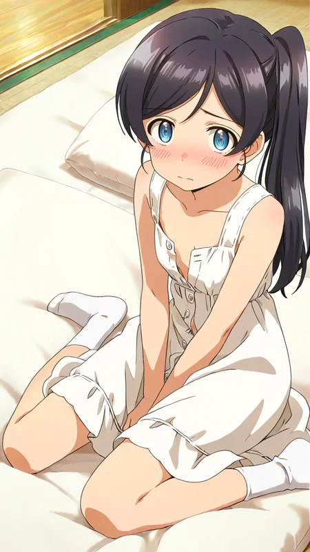 anime screenshot,1girl,blush,full_shot,looking_at_viewer,solo,shy,Ruri,<lora:Ruri_Illustrious_v1:1>,looking_up,from_above,indoor,unbuttoned clothes,sundress,white_dress,futon,socks,white_socks,yokozuwari,, masterpiece, best quality
