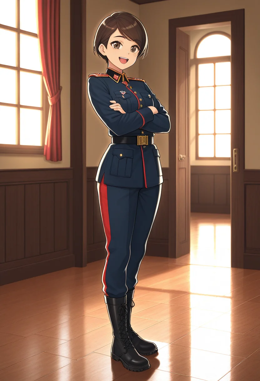 masterpiece,best quality,1girl,leangzh, <lora:IllustriousLeangZH:0.8>,short hair,brown hair,brown eyes,swept bangs, military uniform,pants,boots,indoors,crossed arms,full body,happy,:d