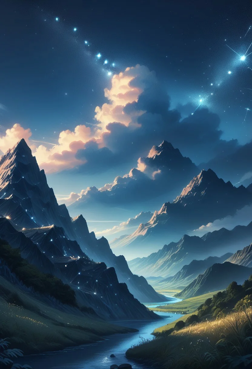 score_9, score_8_up, score_7_up, score_6_up, source_anime, landscape, valley, mountains, river, starry_morph, night, clouds