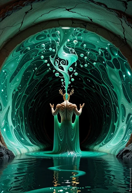 Photo realistic, 3d , figure, from behind it's back to the viewer, sits within a swirling, abstract tunnel or cave.  The figure is male , with a muscular build and a pronounced crest or headdress on its head. Its skin appears smooth and muted, dark tones of gray and blue-green. The figure appears to be seated or hunched, partially obscured by the liquid, swirling substance that makes up the tunnel's walls.  The environment is a vibrant, ethereal space.  The walls of the tunnel are composed of an iridescent, fluid substance.  The colors are predominantly teal and teal-green with accents of gold and beige, creating a marbled, almost gem-like effect.  The gold elements shimmer and catch the light, giving the scene a sense of depth and luminosity. The texture appears to be a fluid, almost liquid, design, with many swirling, interconnected bubbles and globs. A light source appears at the far end of the tunnel.