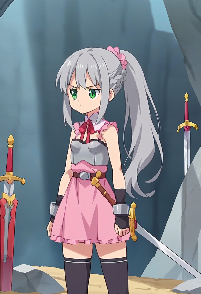 score_9, score_8_up, score_7_up, source_anime, 2D, flat colors, flat shadows, anime_screencap, <lora:lalabidunpony:1>,
1girl, solo, ciellalanciel, grey hair, long hair, ponytail, braid, pink scrunchie, green eyes, pink dress, sleeveless, cleavage, detached collar, neck ribbon, armor, breastplate, arm_guards, black thighhighs, belt,ubw,gears,weapon,sword,planted,planted sword, standing, serious