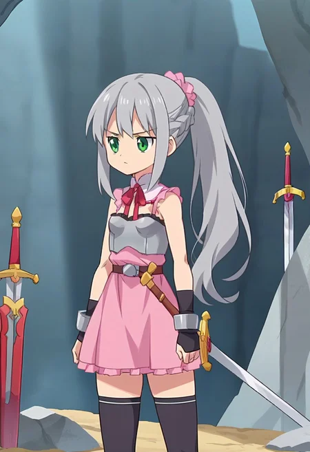 score_9, score_8_up, score_7_up, source_anime, 2D, flat colors, flat shadows, anime_screencap, <lora:lalabidunpony:1>,
1girl, solo, ciellalanciel, grey hair, long hair, ponytail, braid, pink scrunchie, green eyes, pink dress, sleeveless, cleavage, detached collar, neck ribbon, armor, breastplate, arm_guards, black thighhighs, belt,ubw,gears,weapon,sword,planted,planted sword, standing, serious