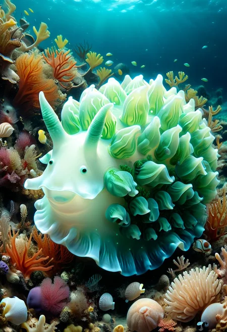 happy cow in the shape of a sea snail, tilted, glowing,translucent Subsurface Scattering ,at the bottom of the coral reef,aquatic vegetation,shells,underwater, 8k, leafsheep