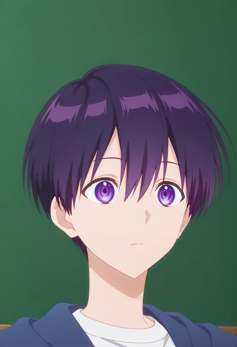masterpiece, best quality, , anime screencap, , ,, 1boy, solo, male focus, <lora:yuuki_izumi_ilxl:0.9>, yuuki_izumi, purple hair, purple eyes, short hair, bangs, hair between eyes, , ,