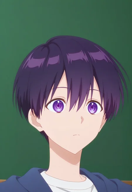 masterpiece, best quality, , anime screencap, , ,, 1boy, solo, male focus, <lora:yuuki_izumi_ilxl:0.9>, yuuki_izumi, purple hair, purple eyes, short hair, bangs, hair between eyes, , ,
