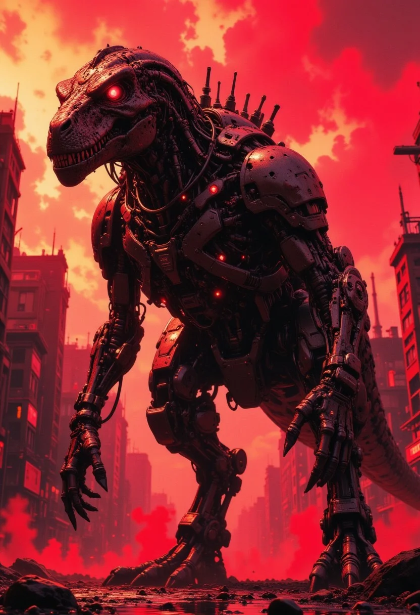 CAICO, detailed photorealistic image, a_skynet_cyberdyne_craft, the image is featuring a cyberdyne cyberpunk robot dinosaur, with glowing red eyes, shiny tungsten armour, adorned with intricate, metallic details, including bolts, wires, and mechanical components, giving it a highly advanced, industrial military look, standing on a smoky city street with ruins. The sky is an ominous red, with stormy clouds, sunset