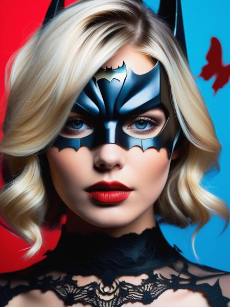 <lora:11VisualArt_Hap_XL:1>,Sandra Chevrier style,collage,torn paper effect ,pop art, comic book, Batman, Robin, superhero, RAW profile photo, close-up, dark atmosphere, masterpiece, cinematic film still of a blonde beautiful woman, detailed eyes,eyeliner, darkred lipstick, black lace turtleneck dress, tack sharp focus on eyes, Sensual, lustful, seductive,  intricate, ultra detailed, 8k,  adult gothic fairy with colorful hair, (sexy pose: 1.3), fantastical cornflower blue themed background, ultra sharp, glowing particles    MinimalStyle