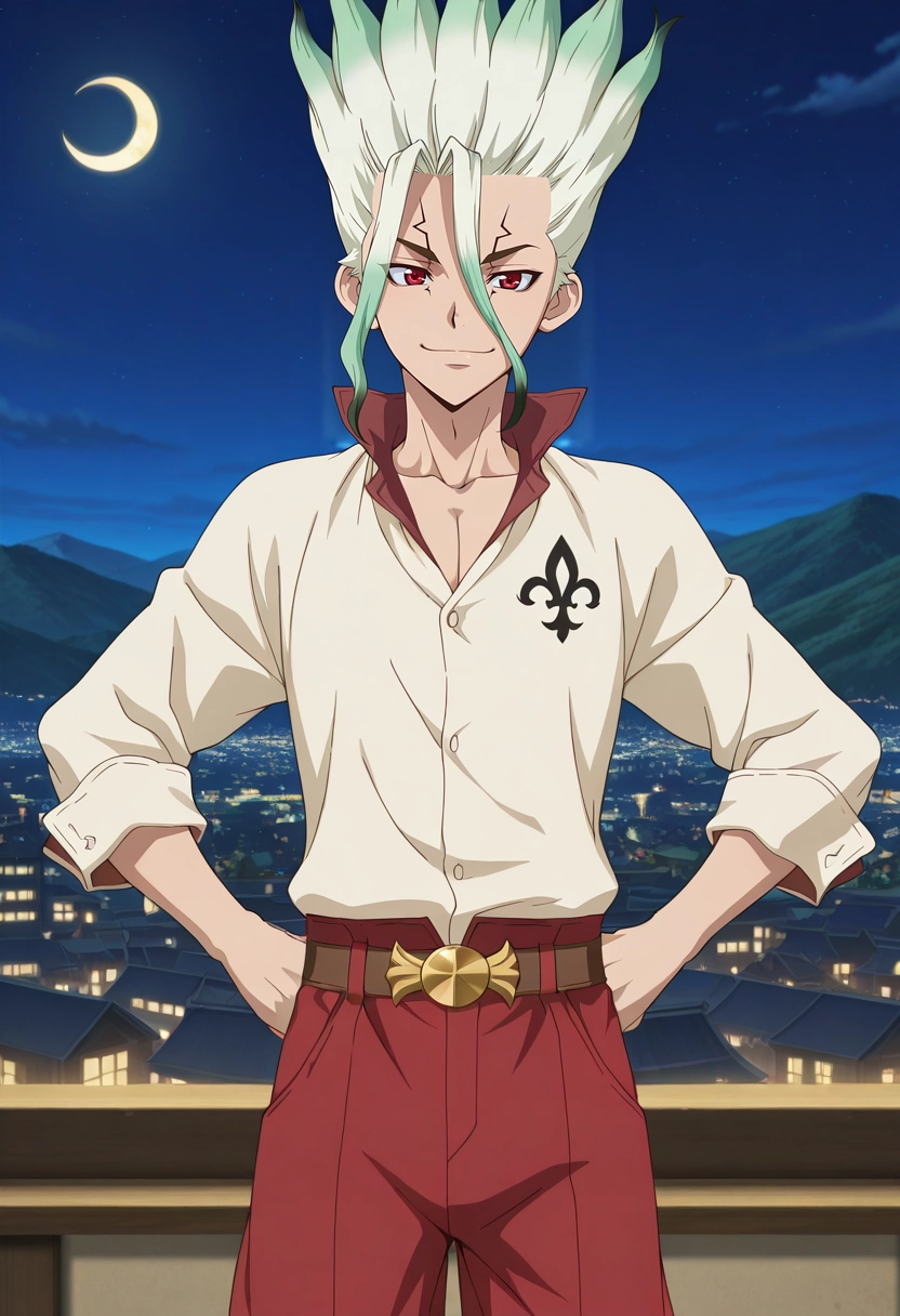 masterpiece, best quality, , anime screencap, anime coloring, official style, , 1boy, solo, male focus, <lora:senkuu_ishigami_ilxl:0.9>, senkuu_ishigami, green hair, red eyes, multicolored hair, two-tone hair, white hair, facial mark, cowboy shot, mountaintop city, night, crescent moon, hands on hips, happy, Fleur-de-lis Cargo jogger pants, Dress shirt, Moccasins, ,