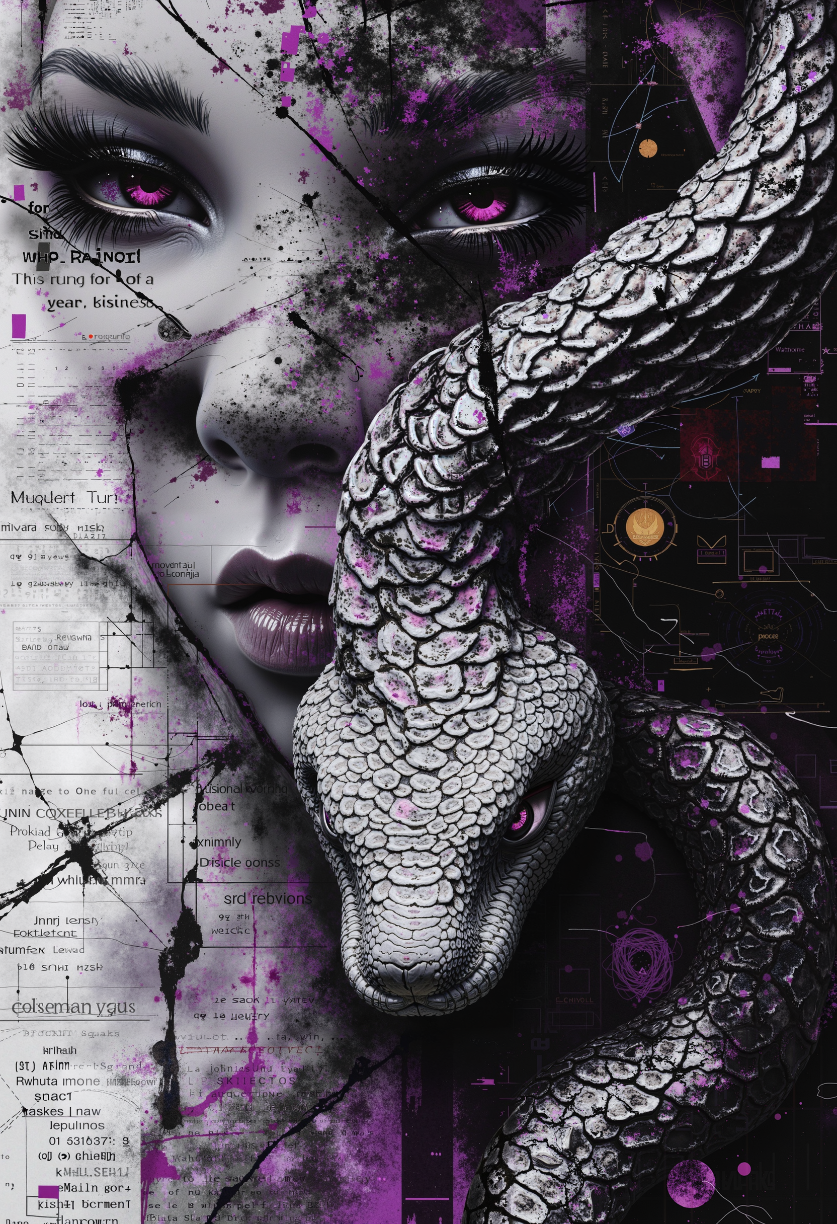 high quality, ultra detailed, colorful, abstract, fantasy, bo-abstract, bo-abyss, a highly detailed digital artwork featuring a close-up of a human face and a snake, the subject's skin is pale, with a smooth texture that resembles scales, and the snake's head is intricately detailed, with its head facing towards the viewer, its eyes are large and expressive, with vivid purple irises and long, dark eyelashes, giving it a mystical, almost ethereal appearance, the eyes are surrounded by a shimmering, iridescent quality, suggesting a magical or otherworldly quality, the background is a soft, gradient of light purple and white, creating a dreamy, ethereal atmosphere, the texture of the scales is smooth and glossy, reflecting light and creating a sense of depth, the overall style is highly realistic with a touch of fantasy, blending elements of realism and fantasy art, the artwork is rich in detail, capturing the textures of the human skin, the colors are vivid and vivid, enhancing the ethereal and otherworldly feel of the scene, partially blended with abstract digital elements. The scene has a dark, moody ambiance. The background features layers of glitch art, fragmented texts, and metallic textures. contrasting against the monochromatic tones of black, grey, and hints of red. Smudged paint and scratches add a sense of decay and technology,<lora:Flux\boFLUX AbstractMorph.safetensors:0.85:0.85> <lora:Flux\boFLUX digital-abyss.safetensors:1.0:1.0>