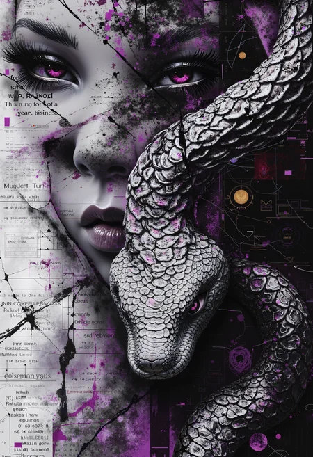 high quality, ultra detailed, colorful, abstract, fantasy, bo-abstract, bo-abyss, a highly detailed digital artwork featuring a close-up of a human face and a snake, the subject's skin is pale, with a smooth texture that resembles scales, and the snake's head is intricately detailed, with its head facing towards the viewer, its eyes are large and expressive, with vivid purple irises and long, dark eyelashes, giving it a mystical, almost ethereal appearance, the eyes are surrounded by a shimmering, iridescent quality, suggesting a magical or otherworldly quality, the background is a soft, gradient of light purple and white, creating a dreamy, ethereal atmosphere, the texture of the scales is smooth and glossy, reflecting light and creating a sense of depth, the overall style is highly realistic with a touch of fantasy, blending elements of realism and fantasy art, the artwork is rich in detail, capturing the textures of the human skin, the colors are vivid and vivid, enhancing the ethereal and otherworldly feel of the scene, partially blended with abstract digital elements. The scene has a dark, moody ambiance. The background features layers of glitch art, fragmented texts, and metallic textures. contrasting against the monochromatic tones of black, grey, and hints of red. Smudged paint and scratches add a sense of decay and technology,<lora:Flux\boFLUX AbstractMorph.safetensors:0.85:0.85> <lora:Flux\boFLUX digital-abyss.safetensors:1.0:1.0>