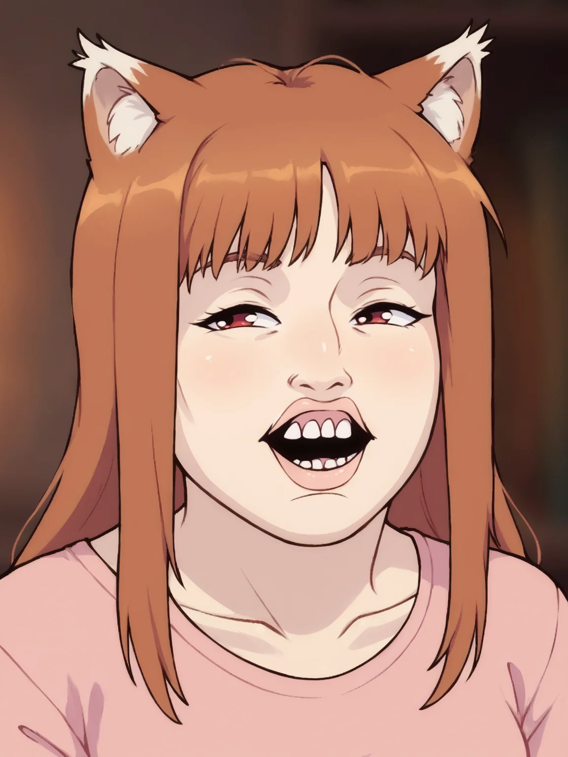 score_9, score_8_up, score_7_up, score_6_up, score_5_up BREAK source_anime, <lora:p_ami_v10_adafactor:0.7> <lora:LeviosaA:0.7>, leviosaa, face, spice and wolf, pink shirt, upper teeth only, smile, looking to the side