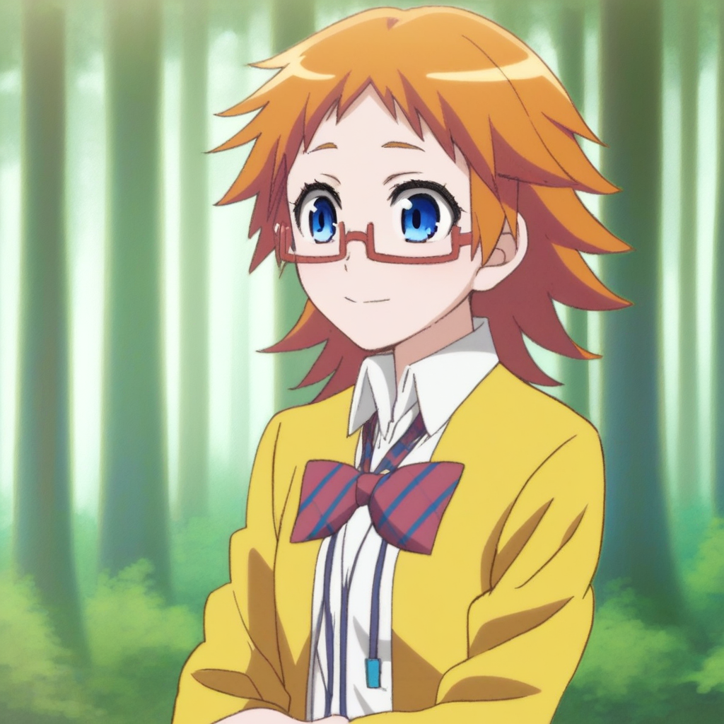 score_9, solo, akemi_mikan, orange hair, blue eyes, glasses, school uniform, jacket, cute, forest, natural lighting