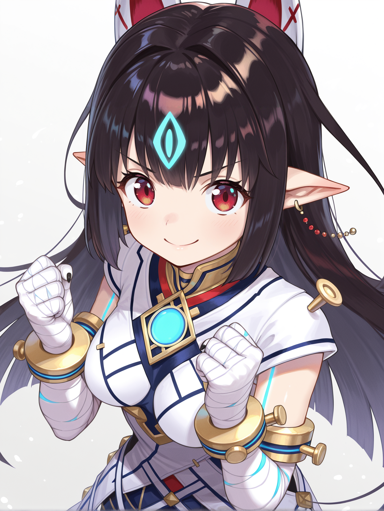 kasandra \(xenoblade\), 1girl, solo, smile, hands up, looking at viewer, clenched hands, closed mouth, fox mask on head back, white japanese dress, white bandaged gloves, ball earrings, blue chest jewel, from above,
masterpiece,best quality,amazing quality,very aesthetic,absurdres,newest,<lora:Xenoblade Chronicles 2 - Kasandra illusXL v1.2:0.75>,