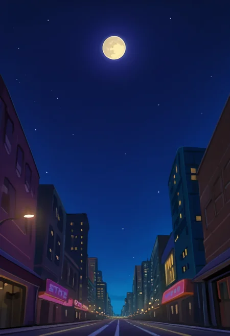 best quality, masterpiece, absurdres, newest, highly detailed,
<lora:TMNT_1987_-_Cartoon_Screen_Captured_Style:1> 1987tmnt5tyl3,
city scenery, night, street lights, landscape, portrait, no humans, moon, stars, dynamic view,