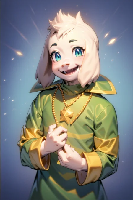 1boy, <lora:asriel-30:0.8>, god of hyperdeath, smile, green t-shirt, magic background