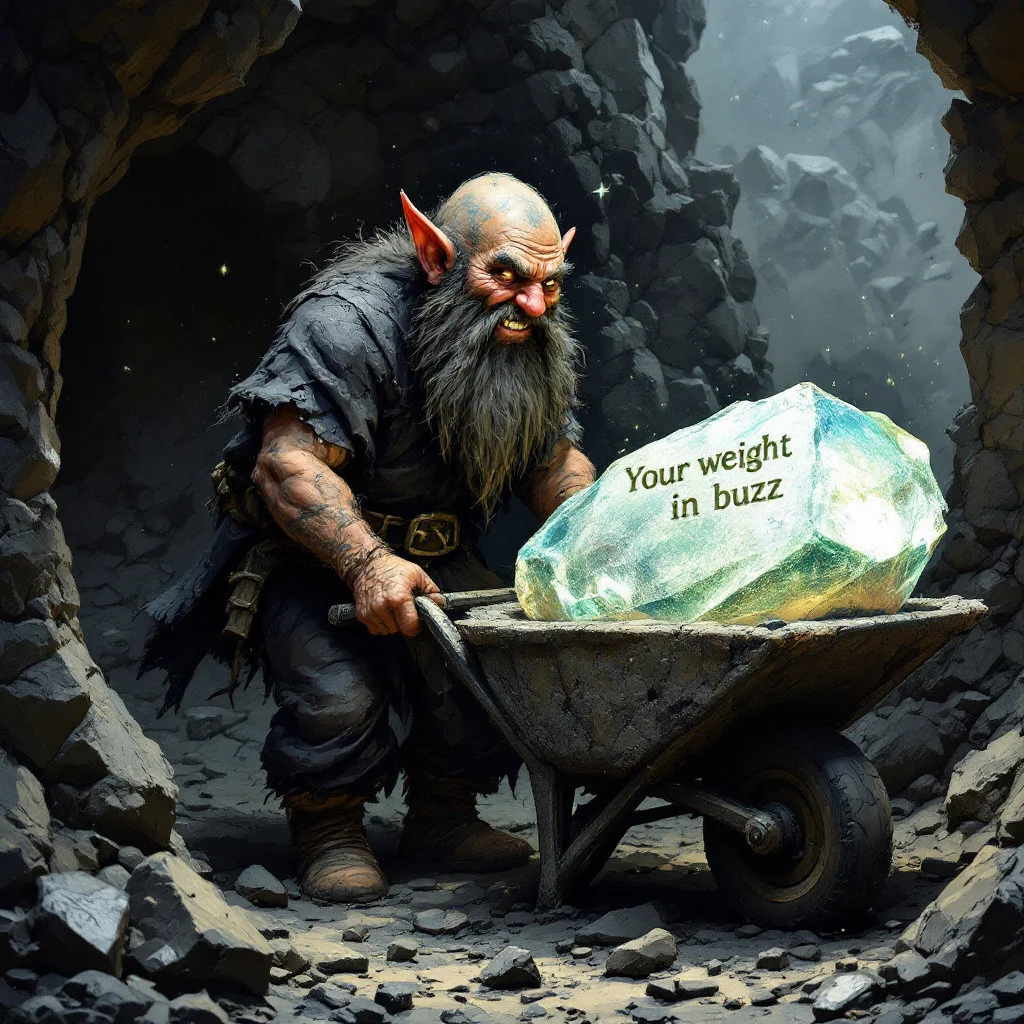 a dwarf covered in soot getting out from a coal mine pushing a wheelbarrow, inside the wheelbarrow there's a huge, shiny cristal stone, inside that stone was written with floating magic letters the following phrase: "Your weight in buzz" he's looking at viewer with a pretentious grin