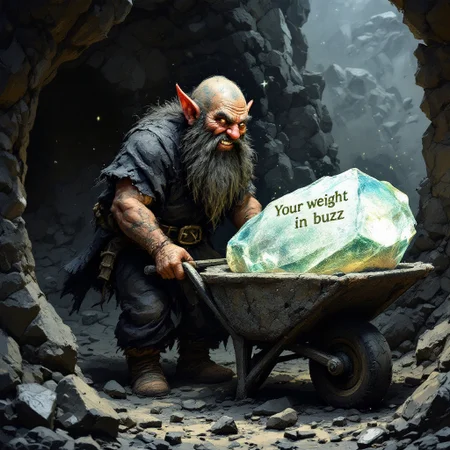 a dwarf covered in soot getting out from a coal mine pushing a wheelbarrow, inside the wheelbarrow there's a huge, shiny cristal stone, inside that stone was written with floating magic letters the following phrase: "Your weight in buzz" he's looking at viewer with a pretentious grin