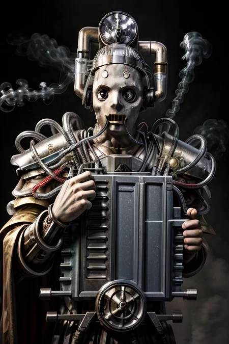 ((masterpiece,best quality)), absurdres, BREAK
mechanical arms, robes, hood, BREAK
((techpriest)), cyborg, mechanical face, mechanical limbs, gas mask, mechanical tentacles, (mechanical backpack), BREAK
1other, solo, holding pistol, firearm, handgun, pistol, gun, BREAK
factory background, smoggy sky, air pollution, smokestacks, BREAK
(mndsncybrmn)