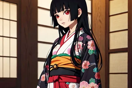 enma_ai short yukata obi, black hair, long hair, indoors, cowboy shot, kimono