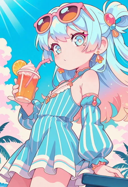 score_9, score_8_up, score_8, pastel colors, highly detailed, masterpiece, source_anime, cinematic light, (cute:1.2), (adorable:1.2), best quality, amazing quality, studio anime, official style, masterpiece, anime screencap, anime style, dynamic composition, dynamic angle, dramatic lighting, very awa, rich and vibrant colors, rating_explicit, 1girl, long hair, light blue eyes, hair ornament, dress, holding, jewelry, ginger blue hair, earrings, detached sleeves, striped clothes, mole, from side, blue sky, cup, lookingat viewer:1.2, mole under eye, makeup, blue dress, summer background, sunglasses, holding cup, eyewear on head, vertical-striped clothes, drinking straw, summer theme, drink, striped dress, vertical-striped dress, holding drink, petite, flat chest, cowboy shot, sunbeam,