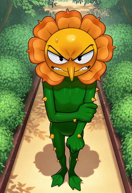 solo, male, plantform, plant boy, 1boy, CagneyCarnation, (orange petals:1.1), yellow face, pointy nose, pac-man eyes, detailed face, perfect eyes, black eyes, large head, round face, masterpiece, hires, absurdres, newest, perfect quality, best quality, ultra-detailed, detailed background, intricate details,
frown, teeth, (embarrassed:1.2), blush, narrowed eyes, half-closed eyes, looking up at viewer, looking at viewer, angry eyebrows, blush, tsundere, cartoonish anthropomorphic flower, orange bloom, green body, plant-like design, leafy hands, leafy feet, feet resemble leafy vines, (yellow thorns, body thorns:1.2), green stem-like body, (slim, skinny:1.1), narrow hips, full body, standing, slouching, arm at side, holding own arm, clenched hand, pigeon toed, no penis, cocked hip, sweatdrop,
BREAK
outdoors, (garden:1.1), bloom, dappled sunlight, high-angle view, from above, shadow, detailed shading, light particles, pollen,