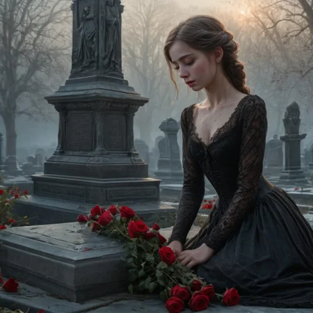 epiCRealism, masterpiece, highly detailed, one girl, pale and delicate, mourning in front of a tomb in a frozen winter morning, mist still clings to the ground while a timid Sun rises on the horizon, a bright red bouquet of roses lays on the tombstone, she wears a highly detailed black laced Victorian dress and sits on the earth in front of the tomb, the skirt spreads around her, view from the side, a small tear drops through her cheek,