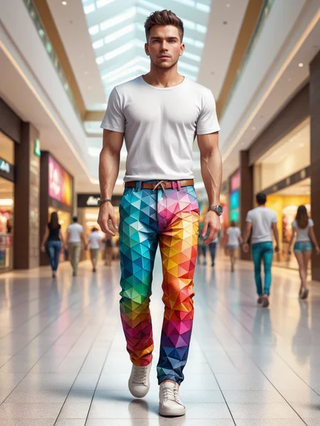 man wearing a colorful mad-triangles pants and white tshirt walking through mall , dynamic pose <lora:Colorful_Triangles_SDXL:0.8>, (masterpiece:1.2), best quality, (hyperdetailed, highest detailed:1.2), high resolution textures