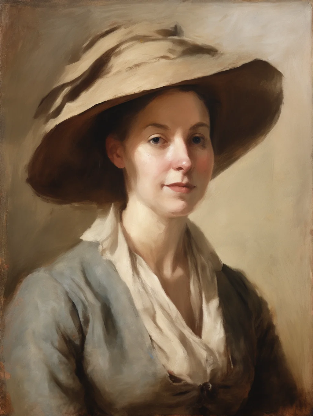 <lora:Jean-Baptiste-Simeon Chardin Style:1>Jean-Baptiste-Simeon Chardin Style - Vintage Portrait of a woman, Oil on canvas, heavy paintbrush strokes texture Painting by George Romney