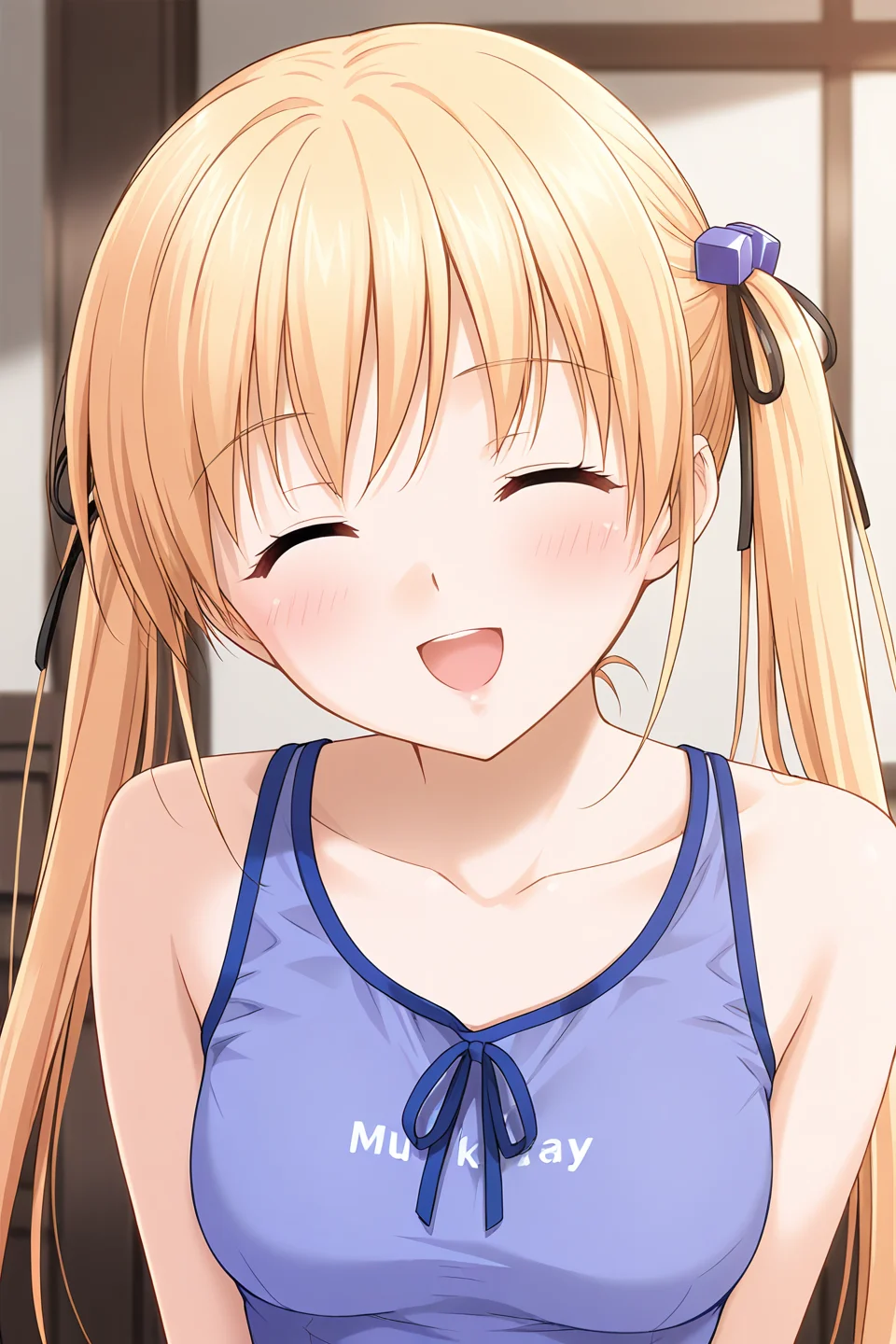 masterpiece, best quality, absurdres, official art, official style, rating general BREAK <lora:mukaimana_IL_v1-1:0.7>, mukai mana, 1girl, solo, blue eyes, blonde hair, long hair, twintails, hair ribbon, black ribbon, cube hair ornament, small breasts, casual, purple tank top, bare shoulders, collarbone, midriff peek, clothes writing, upper body, portrait, close-up,
blush, :d, ^o^, closed eyes, embarrassed, facing viewer, happy, open mouth