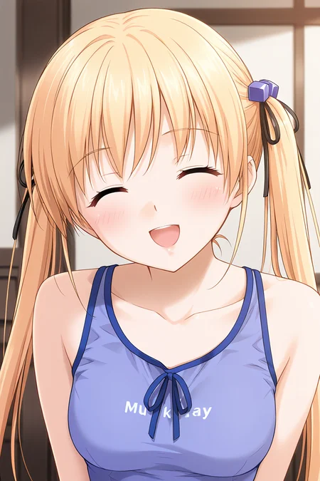 masterpiece, best quality, absurdres, official art, official style, rating general BREAK <lora:mukaimana_IL_v1-1:0.7>, mukai mana, 1girl, solo, blue eyes, blonde hair, long hair, twintails, hair ribbon, black ribbon, cube hair ornament, small breasts, casual, purple tank top, bare shoulders, collarbone, midriff peek, clothes writing, upper body, portrait, close-up,
blush, :d, ^o^, closed eyes, embarrassed, facing viewer, happy, open mouth
