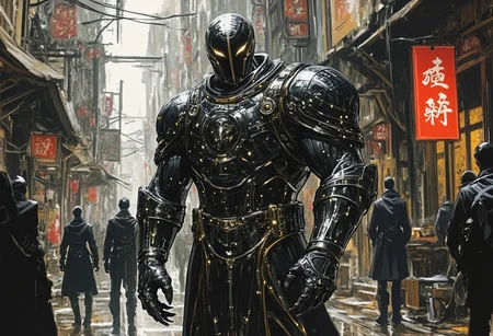 fg A heavily armed cyberpunk male in the style of Jakub Rozalski. He is an assassin. The male should have futuristic cybernetic augmentations, wearing muscular, broad-shouldered, high-tech attire. The setting is a cyberpunk street market. The scene should have a tense, suspenseful aura with a mix of modern technology and traditional elements, reflecting a unique blend of futuristic and historical styles.