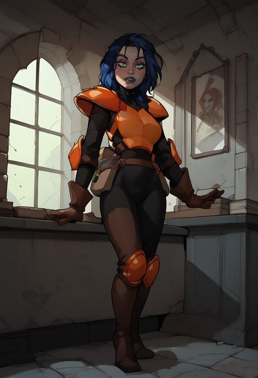 1girl, solo, full body shot,  standing, orange armor, deep blue hair, black bodysuit, dark green eyes, brown gloves, dark lipstick, looking at viewer, makeup,  inside of abandoned mansion,   <lora:Incase_PDXLV1:1> ,InCasestyle, <lora:Kylie_GriffinPony64:1>, score_9, score_8_up, score_7_up,