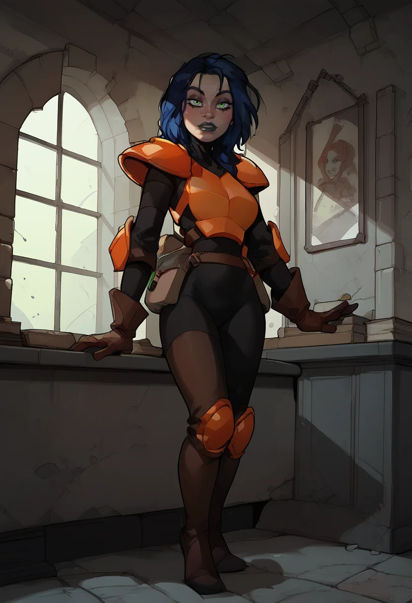 1girl, solo, full body shot, standing, orange armor, deep blue hair, black bodysuit, dark green eyes, brown gloves, dark lipstick, looking at viewer, makeup, inside of abandoned mansion, <lora:Incase_PDXLV1:1> ,InCasestyle, <lora:Kylie_GriffinPony64:1>, score_9, score_8_up, score_7_up,