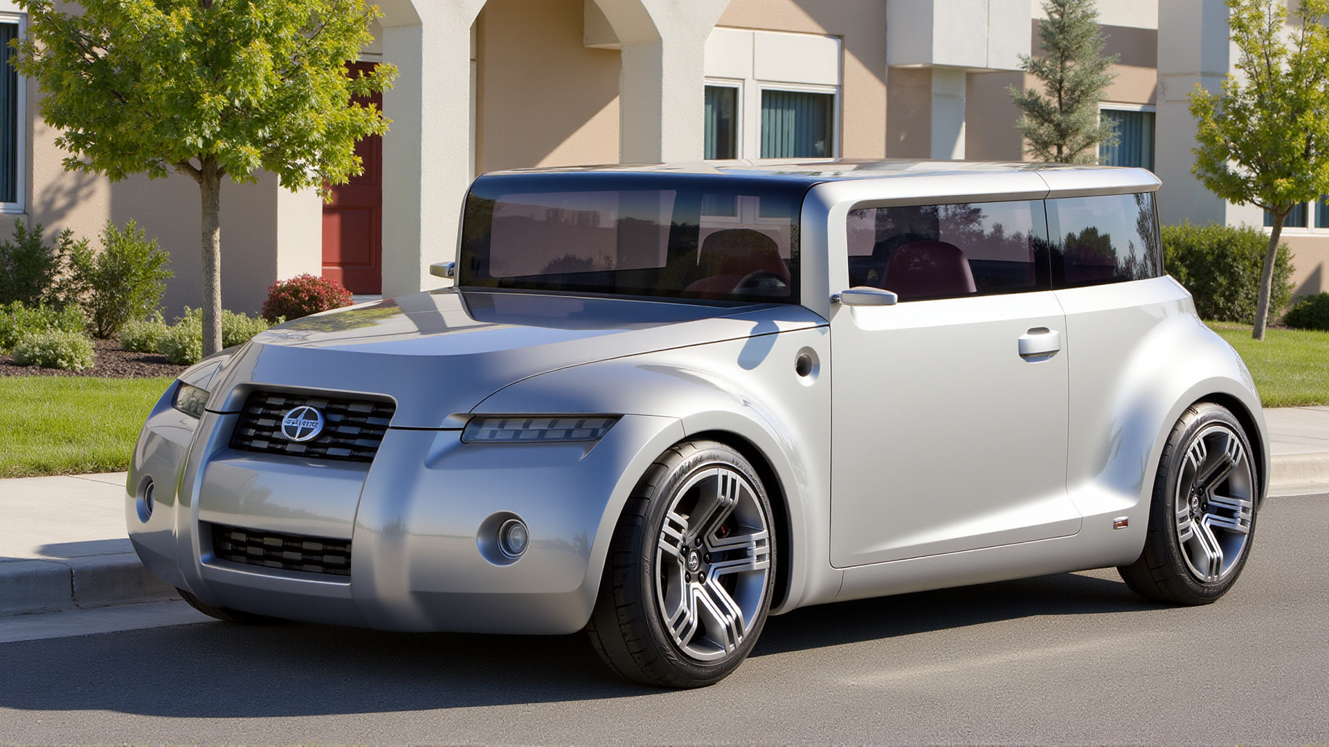 A photorealistic depiction of the Scion Hako Coupe Concept parked in a quiet suburban neighborhood at midday. The carâs bold, boxy proportions feature a clean, glossy silver finish with subtle black detailing, perfectly complementing the orderly streets and modern houses. The wraparound panoramic glass reflects the bright blue sky and surrounding greenery, blending its futuristic appeal with the calm setting. The wide grille, narrow LED headlights, and polished multi-spoke alloy wheels add a sleek touch. Tree-lined streets and neatly trimmed lawns complete the relatable, welcoming scene
 <lora:ral-hkcpcncpt_000004000:1>