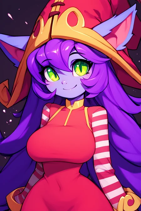 score_9, score_8_up, score_8, (big breasts), (curvy), cute, eyelashes, BREAK, , <lora:LuluLeagueoflegendsPDXL:0.8>, zzLulu, long hair, bangs, animal ears, green eyes, purple hair, colored skin, purple skin, long sleeves, hat, dress, red dress, red headwear, ears through headwear, striped sleeves, yordle,, BREAK, wide hips, smile, looking at viewer, cowboy shot, embedding:zPDXL, Expressiveh, <lora:SweetCAT_PDXL:1.0>, <lora:SDXLFaeTastic2400:0.5>, <lora:Expressive_H-000001:0.4>,