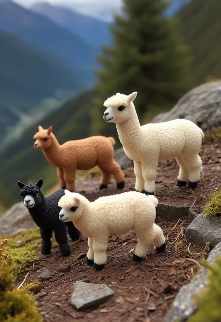 three miniature plastic toy alpacas hiking in the mountains, the alpacas are differently colored and differently sized, CreepyCuteMagical, novuschroma53 style