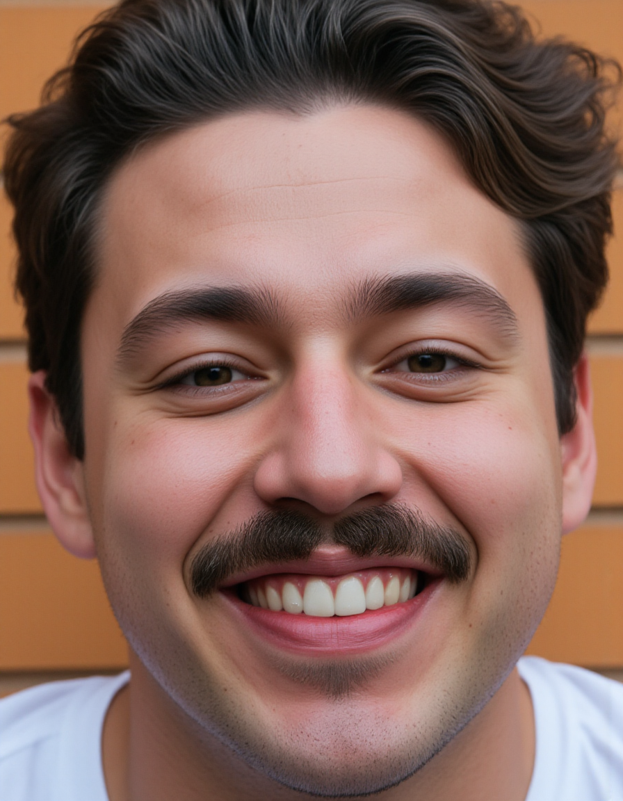 <lora:detailer_captions_flux-000005:1>,the images shows a detailed photographic portrait of a happy man with a big moustache with detailed skin,blackheads and pores,