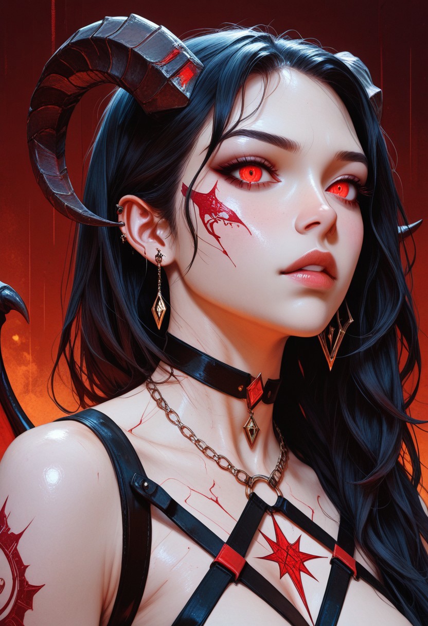 highres, very detailed, amazing quality, masterpiece,
very aesthetic, particle effect,
1girl, detailed eyes, (slender, lean, fit, athletic:2), ((sexy)), defined midriff, skindentations, large breasts, fake breasts, (perfect body:2), photo-realistic, realistic skin, realistic textures, detailed skin, photorealistic, ultrarealistic, 8k, A surreal digital illustration shoot from a portrait camera angle about a stylized portrait of a succubus with horns, surrounded by runic geometric design, black and red theme, mid-twenties, black hair, and parted lips. she is wearing a pentagram body strap harness and has a serious expression on her face. she is looking directly at the viewer. her hair is styled in a way that frames her face, and her body is adorned with intricate, detailed tattoos and piercings. the background is a mix of black and red hues, with splashes of orange and gold, creating a chaotic and surreal atmosphere. the overall style is reminiscent of comic book art, with bold lines and vibrant colors. solo, long hair, parted lips, 1girl, rating:general, horns, portrait, choker, large breasts, necklace, lips, traditional media, jewelry,