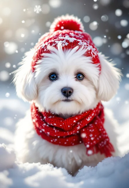 winter, lots of snow, fluffy snow white cute little maltese in snowflakes, wearing a bright red cap and scarf, sunbeams, crystals, shimmering dust in pastel colors, soft baby, white, red, soft lilac, intricate details, hyper-detailed, hyper-realism, professional photoshoot, close-up