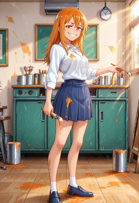 1girl, solo, masterpiece, best quality, newest, absurdres, CG, anime, source anime, illustration, very aesthetic, high resolution, ultra-detailed, newest, scenery, medium depth of field, rule of thirds, masterpiece-level, clean lines, Nagatoro_Hayase
BREAK 1girl, ((solo)), (solo focus:1.25), Gamou_Maki, orange_eyes, orange_hair, long_hair, hair_between_eyes, medium_breasts
school_uniform, white_shirt, collared_shirt, pleated_skirt, blue_skirt, sleeves_rolled_up
standing, paints on the wall, smug, smug grin, evil smile, teasing, holding a paintbrush in her hand, paint dripping from the brush, paint spots on the floor, a can of paint spilled on the ground next to her, looking at viewer, full body
indoors, art studio, canvases on stands, paint cans, brushes, day, alternate poses, sunny day, sunlight, from both sides
cinematic angle, various angles, detailed background, beautiful background, (rays light:1.0),(grow:1.0) mystical, luminism, vibrant colors