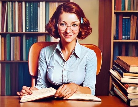 score_9, score_8_up, score_7_up, score_6_up, score_5_up, score_4_up BREAK 1girl, solo, sitting on chair at table, face, blouse, long pleated skirt, library, bookshelf, holding book, smiling, round frame glasses, flirty, looking at viewer, norman rockwell style