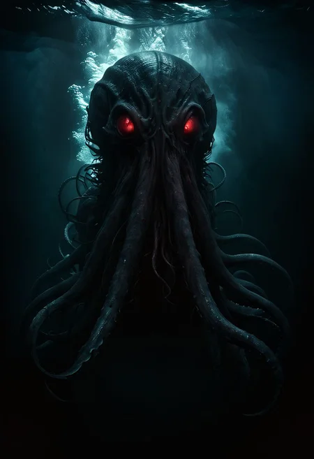 otherwordly giant kraken with crimson eyes battling in dark waters, cinematic horror, chiaroscuro, low-key, high resolution