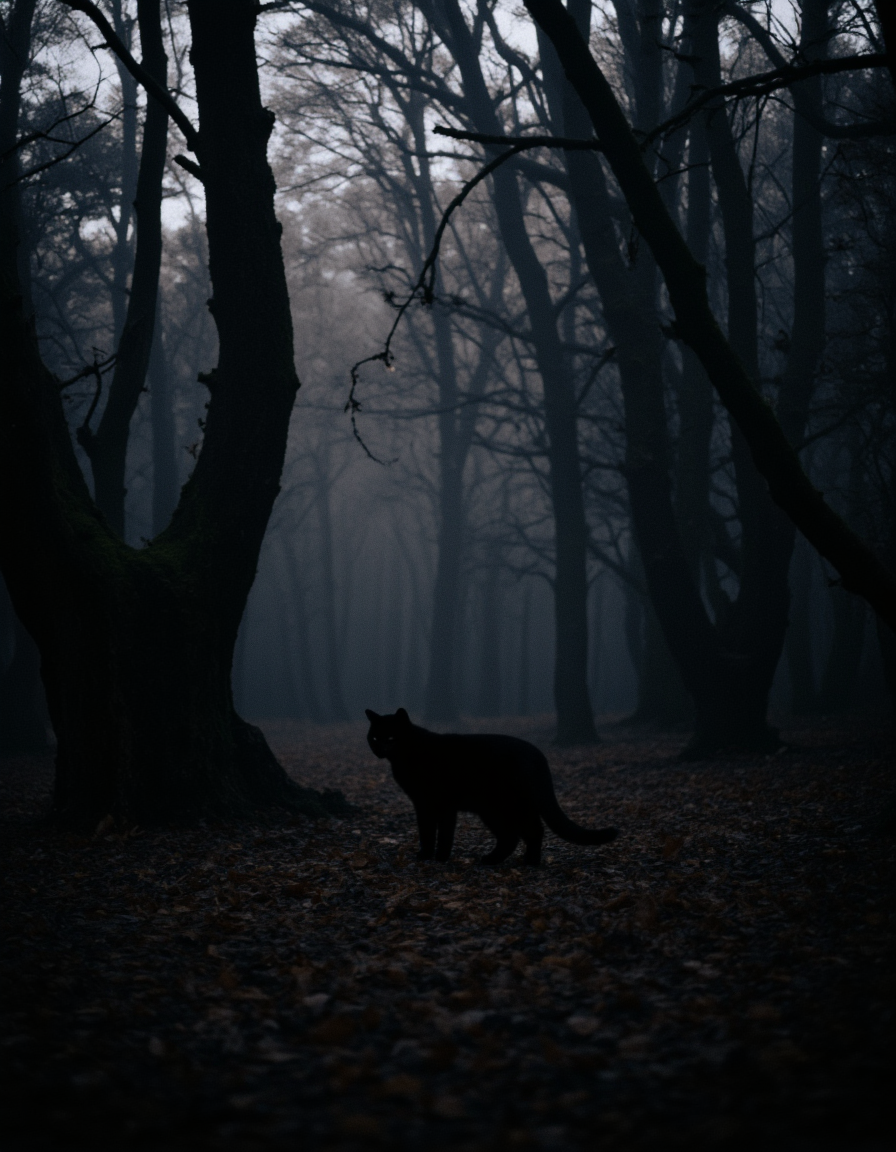 <lora:{nightambience, }Night_ambience-000015:0.85> nightambience, a black cat stands in a dense, misty forest, surrounded by bare, gnarled trees with intricate branches.  the ground is covered in fallen leaves and debris.  low light, grayscale, impressionistic, a sense of mystery and solitude; muted tones, focus on textures and silhouettes of trees,  foggy atmosphere, slightly out of focus background, the cat is in sharp focus. . 35mm photograph, film, bokeh, professional, 4k, highly detailed