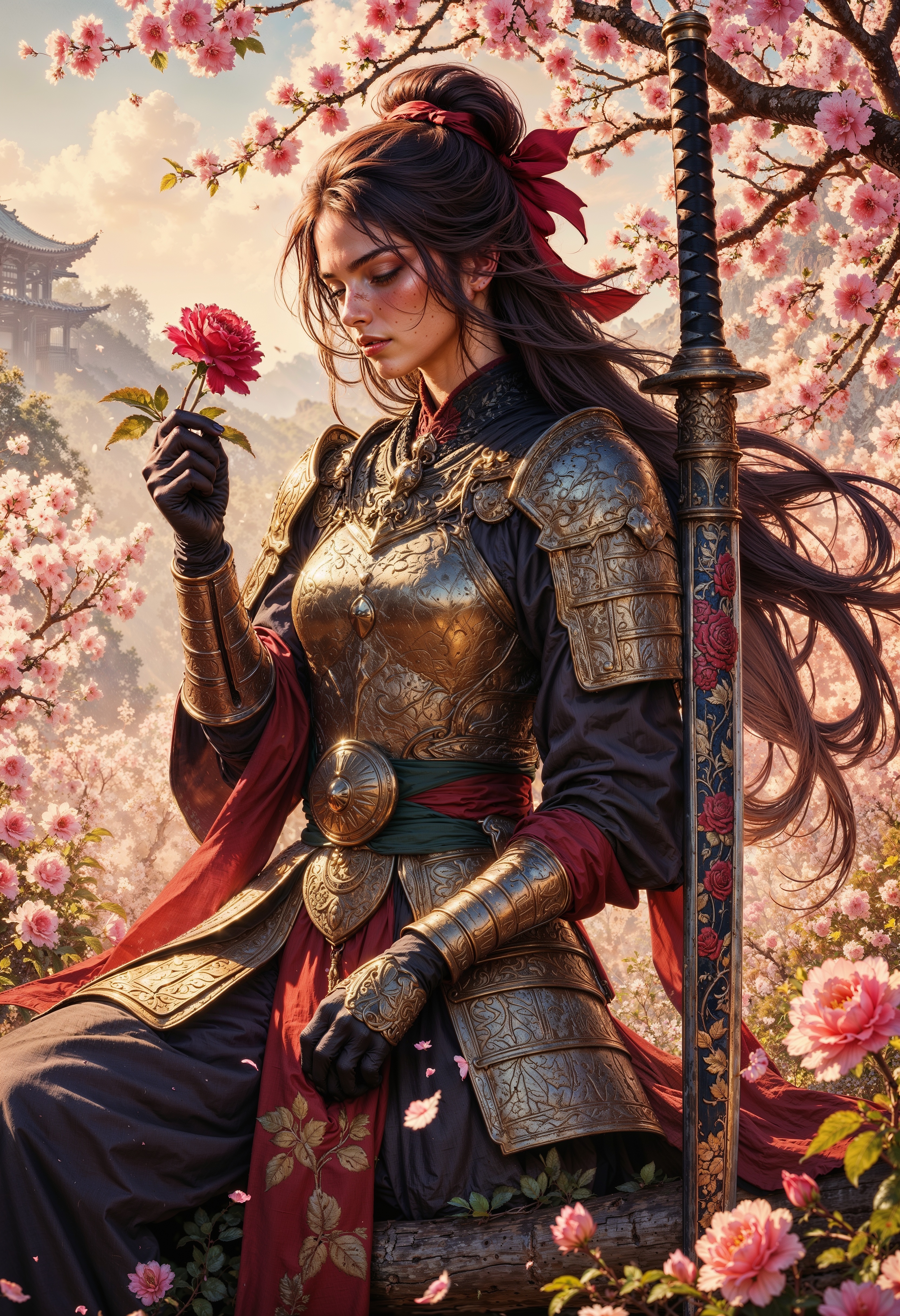 A female ronin in ornate samurai armor stands amidst a field of blooming cherry blossoms. The ronin holds a single rose delicately in her gauntleted hand, gazing down at it with a soft expression. Her long, flowing hair is adorned with small rose petals, carried by a gentle breeze. At her side, a large katana decorated with intricate engravings of roses rests against her leg. The sunlight filters through the petals, casting a warm, golden glow over the scene, enhancing the romantic yet powerful atmosphere.