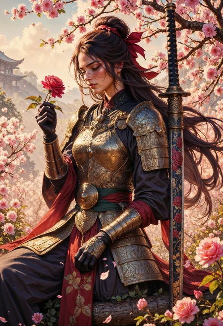 A female ronin in ornate samurai armor stands amidst a field of blooming cherry blossoms. The ronin holds a single rose delicately in her gauntleted hand, gazing down at it with a soft expression. Her long, flowing hair is adorned with small rose petals, carried by a gentle breeze. At her side, a large katana decorated with intricate engravings of roses rests against her leg. The sunlight filters through the petals, casting a warm, golden glow over the scene, enhancing the romantic yet powerful atmosphere.
