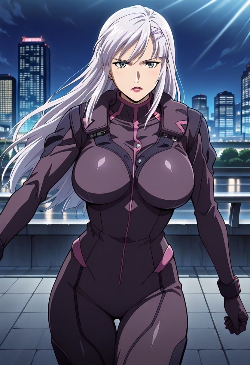 ((masterpiece, absurdres)), best quality, amazing quality, newest, 4k, anime coloring, very aesthetic, ray tracing, Smooth Quality, CG, source_anime, nora polyansky,1 mature female, grey eyes, white long hair, hairclip,pilotsuit ,city view, street view,city view, street view
