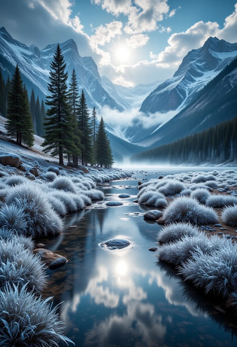 The image is a landscape photograph of a frozen mountain range with a frozen river flowing through it. The frozen river is surrounded by a frozen flowers. A small layer of ice covers the flora. The ice of the frozen river forms a reflective surface that reflects the mountains and trees. The mountains in the background are tall and imposing, with a mountain peak in the distance. The sky is cloudy, and the sun is shining brightly through an opening in the clouds, creating a beautiful reflection of the mountains on the frozen lake. The overall mood of the image is peaceful and serene. mad-sprklngtr, flrlizer.