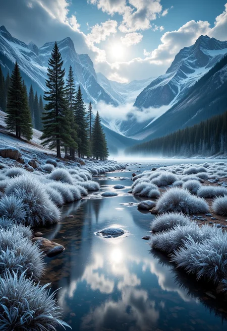 The image is a landscape photograph of a frozen mountain range with a frozen river flowing through it. The frozen river is surrounded by a frozen flowers. A small layer of ice covers the flora. The ice of the frozen river forms a reflective surface that reflects the mountains and trees. The mountains in the background are tall and imposing, with a mountain peak in the distance. The sky is cloudy, and the sun is shining brightly through an opening in the clouds, creating a beautiful reflection of the mountains on the frozen lake. The overall mood of the image is peaceful and serene. mad-sprklngtr, flrlizer.