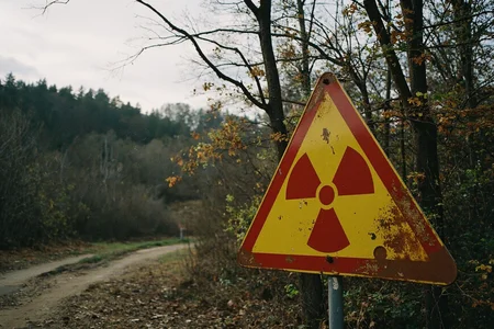 8n8log, Roadside radiation warning rusty and damaged sign, yellow triangle with red radioactive symbol; surrounded by barren trees, leafless branches, forest in background with sparse foliage, overcast sky, dirt pathway leading into the distance, muted colors, outdoor wilderness setting, composition slightly tilted. film photography aesthetic, film grain effect prominent throughout image, high contrast lighting creating dramatic shadows, grainy film-like texture